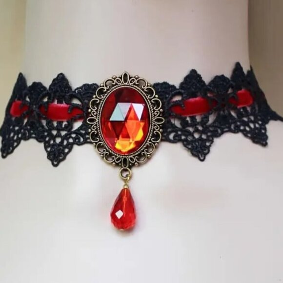 Gothic Teardrop Punk Choker Lace Necklace Vintage Style Red Black Clavicle Chain - Picture 4 of 9